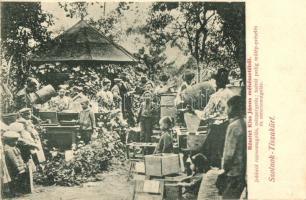 1913 Szolnok-Tiszakürt, Kiss János méhészete, rajcsomagolás, mézpergetés, műlép préselés és mézcsomagolás. Sáray Albert felvétele / Beekeeping