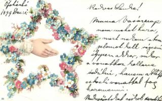 6 db régi főleg litho üdvözlőlap, közte dombornyomott, karácsonyi és újévi lapok is / 6 pre-1945 mai...