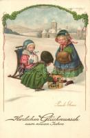 Herzlichen Glückwunsch zum neuen Jahre / New Year greeting art postcard, children in the snow with little dog. AR. No. 2789. s: Pauli Ebner + 1933 WIPA Wien Internationale Postwertzeichen Ausstellung So. Stpl. (EK)