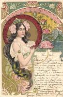 Art Nouveau lady, floral, litho art postcard (EK)