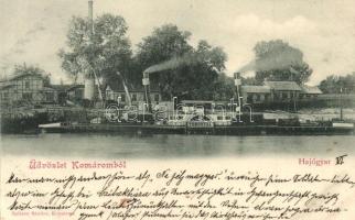 Komárom, Komárnó; hajógyár, Torontál (később Kralj Kresimir) oldalkerekes vontató gőzhajó / ship factory with Hungarian passenger steamship