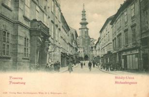 Pozsony, Pressburg, Bratislava; Mihály utca, Ifj. Ignátz Lunzer üzlete / Michaelergasse / street view with shop