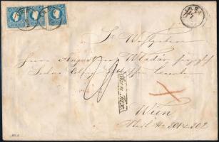 ~1860 Domestic cover 4. weight class franked with 3 x 15kr II. with shifted perforation, with 