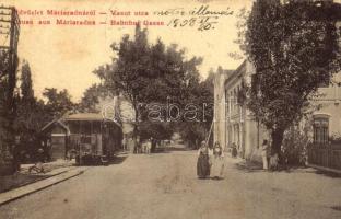 1908 Máriaradna, Radna; Vasút utca, Arad-Hegyaljai motoros vasútállomás, vonat. Berta Kálmán Megváltó gyógyszertárának pecsétje a hátoldalon. 3034. / Bahnhof Gasse / railway street and station with train. Pharmacys stamp on the backside