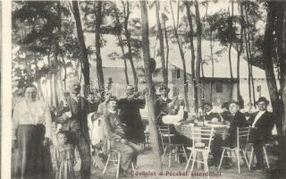 Pécska, Pecica, Petschka; Vendéglő a Kiserdőben, muzsikusok a kertben / forest restaurant garden with musicians