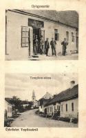 1909 Maroshévíz, Oláhtoplica, Toplita, Toplica; Templom utca háttérben a Római katolikus templommal, gyógyszertár / street view with church, pharmacy (fl)
