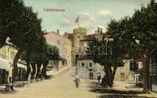 Herceg Novi, Castelnuovo; street view with castle. Verlag Milos L. Popovic, W. L. Bp.