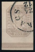 Szürkésbarna Hírlapbélyeg alsó ívszéllel, szegélyléclenyomattal "(MUN)KÁCS" Certificate: Strakosch, Greybrown Newspaper stamp margin piece "(MUN)KÁCS" Certificate: Strakosch