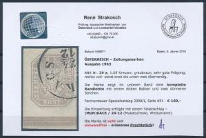 Greybrown Newspaper stamp margin piece "(MUN)KÁCS" Certificate: Strakosch Szürkésbarna Hír...