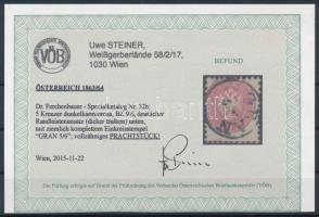 5kr sötétkárminrózsa alul szegélyléc lenyomattal "GRAN" Certificate: Steiner 5kr dark carm...