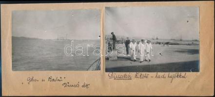 1916 A durazzói kikötő hadihajókkal, 2 db papírlapra ragasztott fotó, feliratozva, 8,5x12,5 cm / 1916 Durazzo (Durrës), harbor, 2 photos