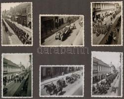 1940 Magyar katonai egységek bevonulása Szatmárnémetibe, 6 db albumlapra ragasztott fotó, hátoldalon feliratozva, 6,5x8,5 cm
