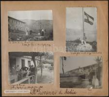 1916 San Giovanni di Medua (Shëngjin), K. u. k. katonai különítmény kaszárnyája magyar hadi zászlóval, papírlapra ragasztott 4 db fotó, feliratozva, 8x12 cm