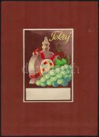 cca 1940-1950 Tokaj szőlő és bor reklám eredeti akvarellje, kartonra ragasztva, 15x10 cm