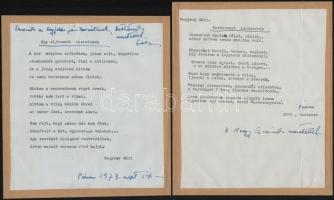 1973 Megyery Sári (1897-1983) színésznő, költő 5 db gépelt, aláírt verse, egy részük D. Nagy Erzsébe...