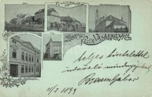 1899 Kézdivásárhely, Targu Secuiesc; Nemzeti szálló, Fő tér, posta, Római katolikus gimnázium / hotel, square, post office, grammar school. Floral, Art Nouveau (EK)