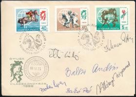 1969 Az öttusa világbajnoki csapat tagjainak (Balczó, Bakó, Kelemen, stb.) aláírásai FDC-bélyegsoros borítékon