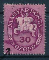 1946 Lovasfutár 30 ezer P, nagy lila folt a bélyegen / Mi 884 with plate variety