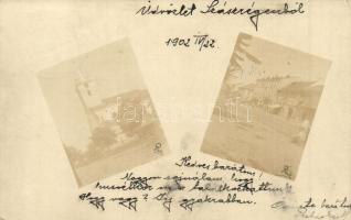 1902 Szászrégen, Reghin; Evangélikus templom, Fő utca, üzletek / Lutheran church, main street, shops. photo (EK)