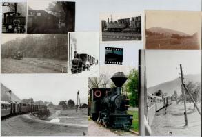 Kisvasutakról készült felvételek különféle korokból, 9 db vintage fotó + 1 db vintage diapozitív (24x36 mm), a képek mérete 6,5x5 cm és 13x18 cm között