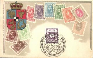 Romania - Coat fo arms with set of stamps. Carte Philatélique Ottmar Zieher No. 32. litho / sent in 1948