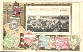 Budapest I. Buda látképe. Címeres és magyar bélyeges díszes képeslap. Philatelie-Ansichtskarte litho