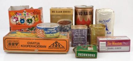 Retro doboz: bontatlan holland kakaó, tea, Twinings teás dobozok, bontatlan kávé, konzerv, ruhafesték tabletta