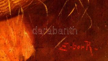 Zibor jelzéssel: Kislány a cicával. Olaj, vászon, sérült keretben, 70×55 cm