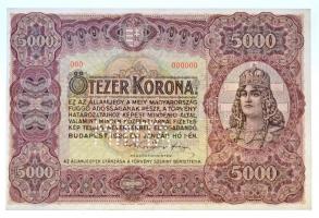 1920. 5000K MINTA perforációval és piros 000 000000 számozással T:II /  Hungary 1920. 5000 Korona with MINTA (SPECIMEN) perforation and red 000 000000 serial C:XF Adamo K38M1a