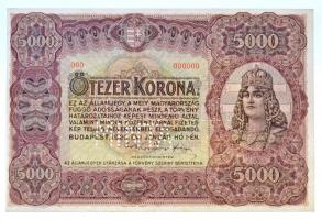 1920. 5000K "MINTA" perforációval és piros "000 000000" számozással T:II /  Hungary 1920. 5000 Korona with "MINTA (SPECIMEN)" perforation and red "000 000000" serial C:XF Adamo K38M1a