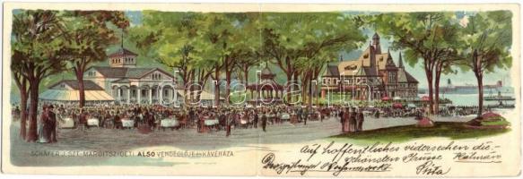 1907 Budapest XIII. Margitsziget, Schäfer J. Alsó vendéglője és kávéháza. Kinyitható litho képeslap / Litho folding card  (EK)