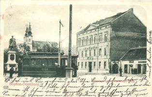 1901 Sopron, Oedenburg; Széchenyi tér az SVEV villamosával, Steinhofer József üzlete (fa)