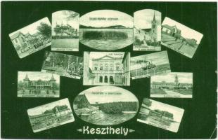 1909 Keszthely, Mozaikos montázslap a zsinagógával, szállodákkal és vasútállomással. Mérei Ignácz kiadása (EK)