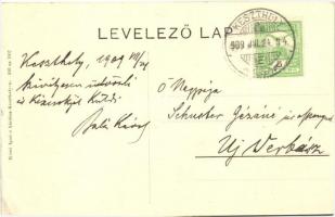 1909 Keszthely, Mozaikos montázslap a zsinagógával, szállodákkal és vasútállomással. Mérei Ignácz ki...