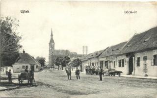 Budapest II. Újlak, Bécsi út a Sarlós Boldogasszony-templommal, gabona lisztraktár, Kettner János üzlete