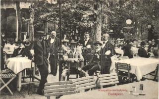 1909 Budapest XIV. Városliget, Wampetics F. vendéglő kerthelyisége, étterem, pincérek
