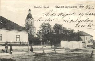 1908 Nagysalló, Tekovské Luzany, Velké Sarluhy; utcakép a templommal / street view with church