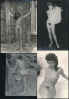 cca 1977 Lányok, asszonyok attrakciója, szolidan erotikus felvételek, 4 db vintage fotó + 3 db vintage negatív (a papírkép és a negatívok nem azonos időben és helyen készültek), 15x10,5 cm és 6x6 cm között