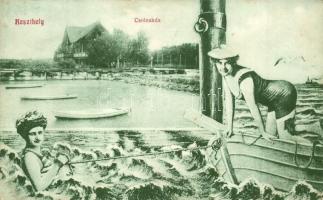1915 Keszthely, Csolnakda, csónakház. Montázslap hölgyekkel úszódresszben