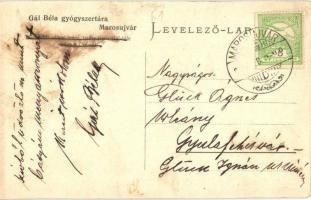 Marosújvár, Ocna Mures; Gál Béla gyógyszertára, Gál-féle angyal Creme reklám a hátoldalon /  Apothek...