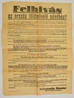 1918 Felhívás az ország földmivelő népéhez!, Csizmadia Sándor (1871-1929) földművelésügyi államtitkár felhívása, hirdetmény, Bp. Pallas ny., kis sérülésekkel, 62×47 cm