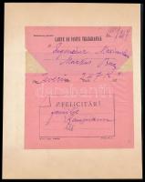 cca 1906 Szörényvár-Bukarest, 2 db román nyelvű üdvözlő távirat