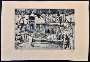 Olvashatatlan jelzéssel: Utcarészlet, rézkarc, papír, kicsit vetemedett, 20×28,5 cm