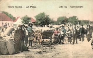 1915 Ópazova, Stara Pazova, Alt Pazua; Gabona vásár a téren árusokkal / Zitni trg / Getreidemarkt / grain market with vendors