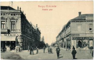 1903 Nagykikinda, Kikinda; Mokrin utca, Hitelszövetkezet, Krausz M. Miksa és Fellner János üzlete. W.L. 611. / street view with credit union and shops (kopott sarkak / wortn corners)