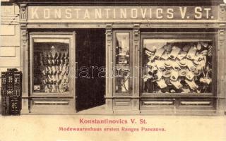 Pancsova, Pancevo; Konstantinovics V. St. elsőrangú divatszalonja, üzlet / Modewaarenhaus ersten Ranges / fashion shop