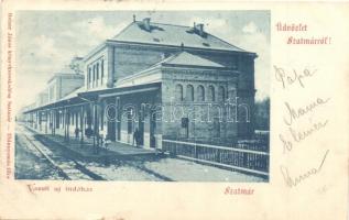 1900 Szatmárnémeti, Szatmár, Satu Mare; Vasúti új indóház, vasútállomás. Reizer János kiadása / Bahnhof / railway station