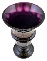 cca 1910 Moser Karlsbad fújt ametisztszínű váza, palástján savmaratott és políraranyozott mitológiai...