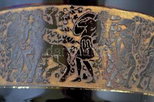 cca 1910 Moser Karlsbad fújt ametisztszínű váza, palástján savmaratott és políraranyozott mitológiai...