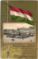 1903 Arad, Szabadság tér üzletekkel. Magyar zászlós litho keret / square with shops. Hungarian flag litho frame (EK)